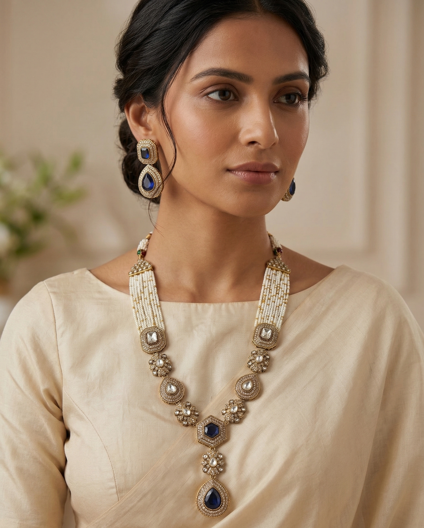 Regal Kundan & Faux Gemstone Long Necklace Set with Drop Earrings
