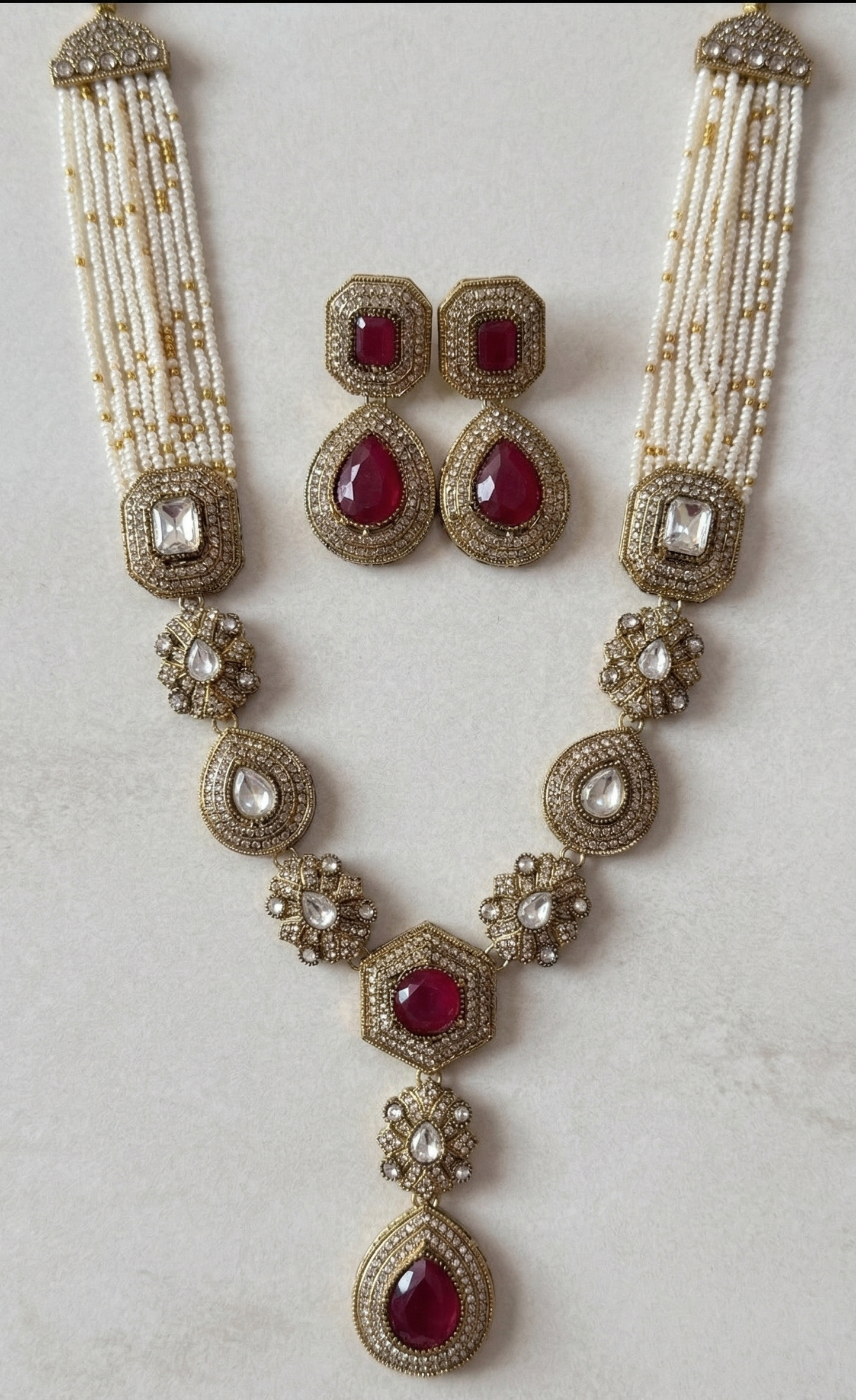 Regal Kundan & Faux Gemstone Long Necklace Set with Drop Earrings