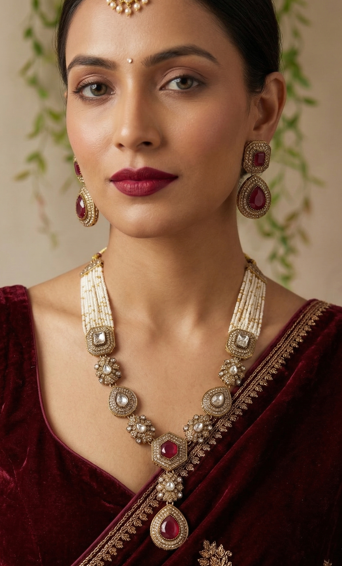 Regal Kundan & Faux Gemstone Long Necklace Set with Drop Earrings