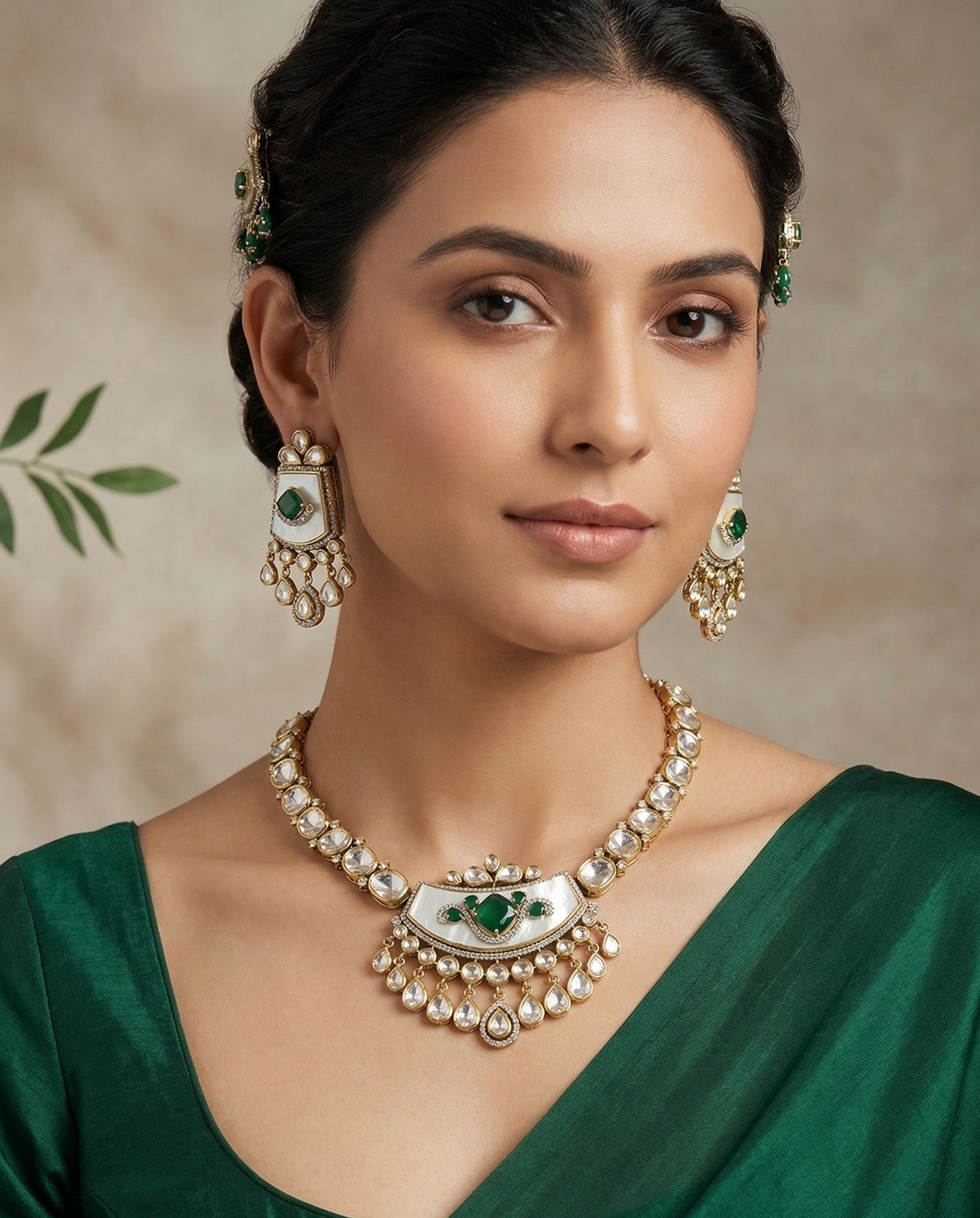 Regal Kundan Moissanite Necklace Set with Emerald Green Accents & Mother of Pearl Inlay – Handcrafted Heritage Jewelry