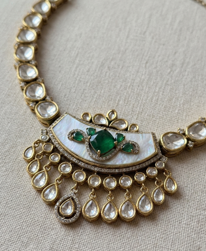 Regal Kundan Moissanite Necklace Set with Emerald Green Accents & Mother of Pearl Inlay – Handcrafted Heritage Jewelry