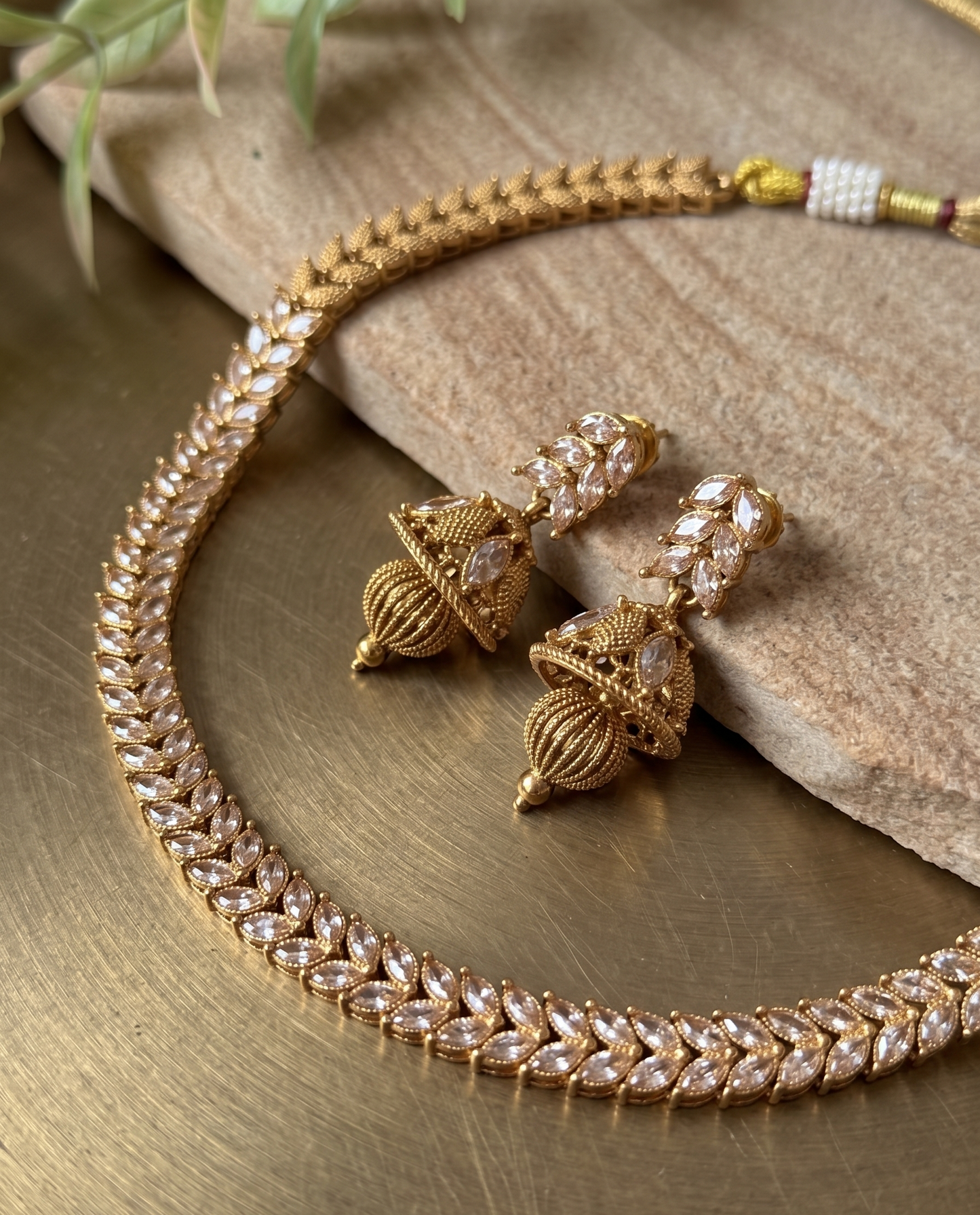 Elegant Antique Gold Finish Polki Choker Set with Classic Jhumkis | Traditional Ethnic Jewelry