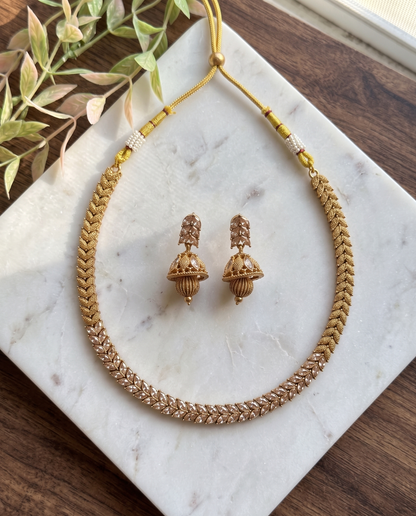 Elegant Antique Gold Finish Polki Choker Set with Classic Jhumkis | Traditional Ethnic Jewelry