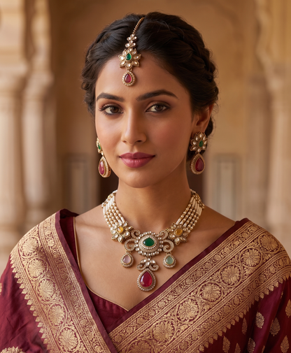 Royal Pastel Kundan & Pearl Choker Set with Matching Maang Tikka