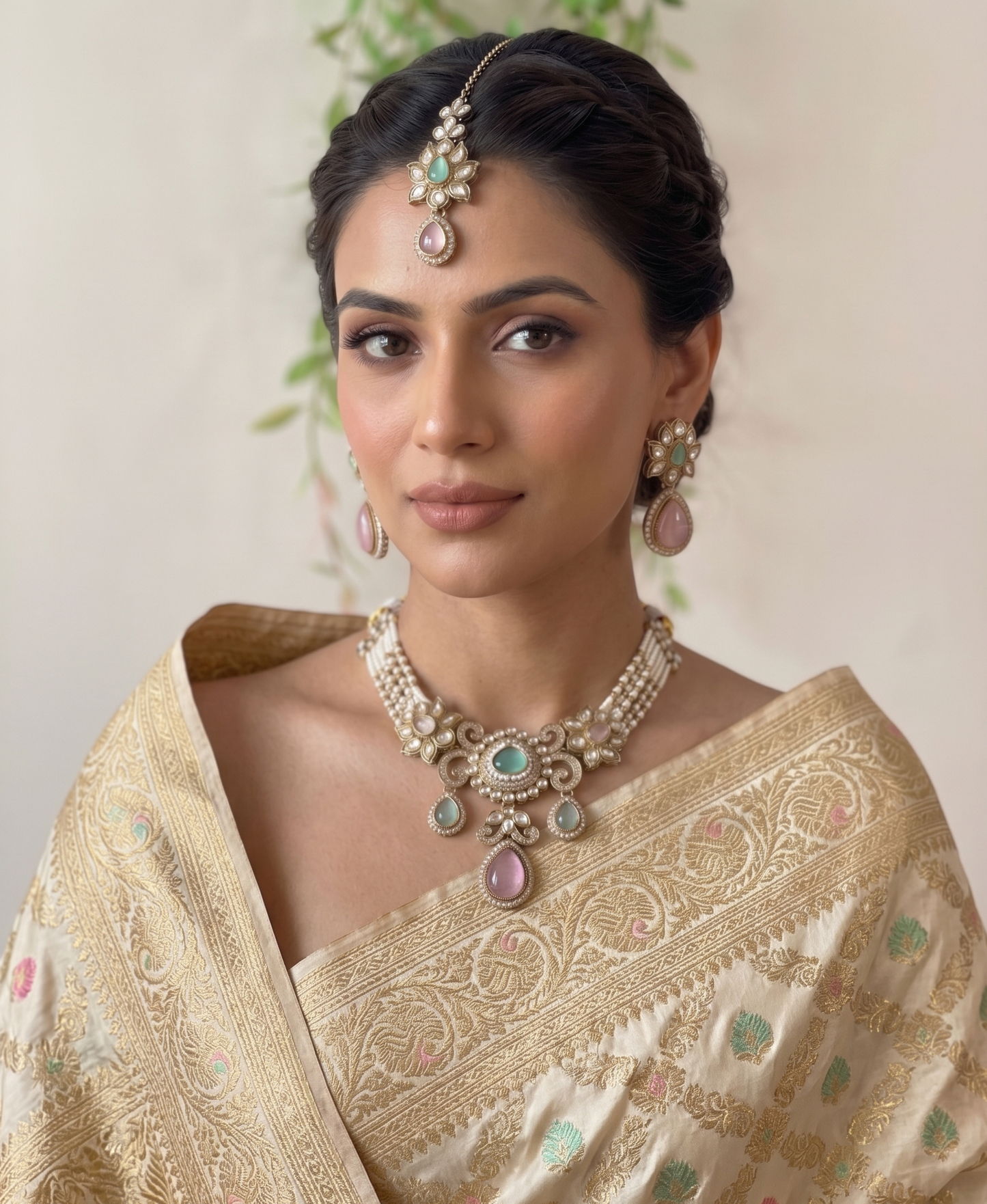 Royal Pastel Kundan & Pearl Choker Set with Matching Maang Tikka