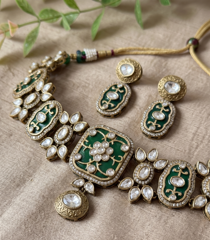 Royal Emerald Green And Elegant Pastel Pink Kundan Choker Set with Matching Drop Earrings