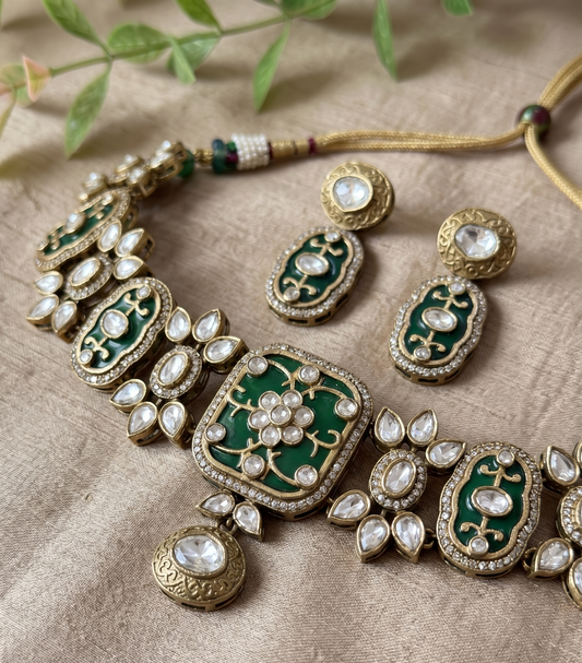 Royal Emerald Green And Elegant Pastel Pink Kundan Choker Set with Matching Drop Earrings