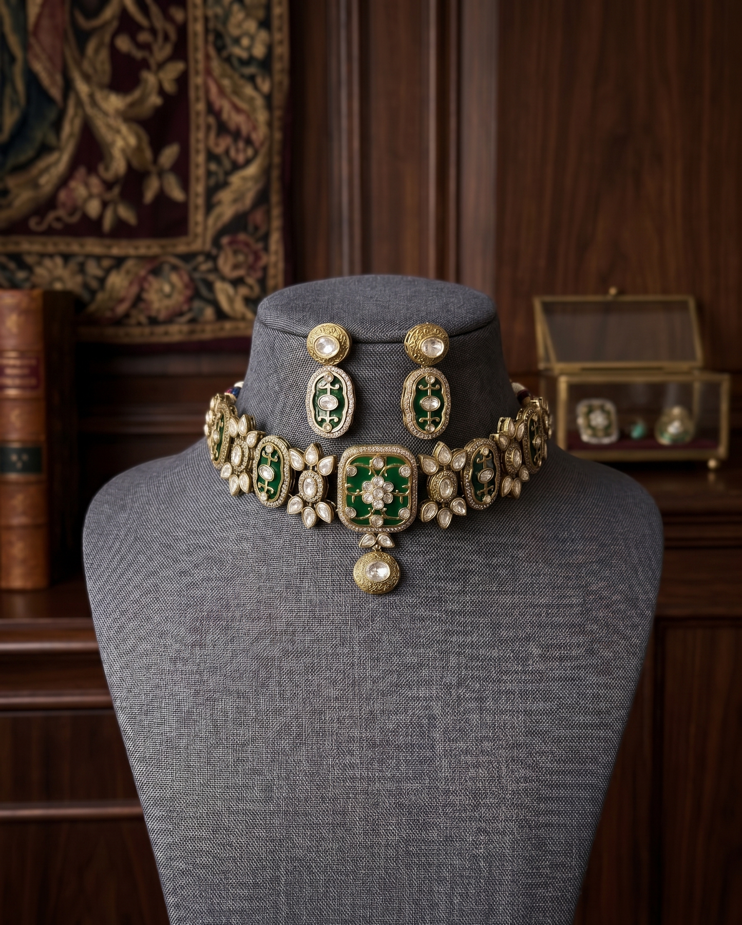 Royal Emerald Green And Elegant Pastel Pink Kundan Choker Set with Matching Drop Earrings