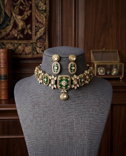 Royal Emerald Green And Elegant Pastel Pink Kundan Choker Set with Matching Drop Earrings