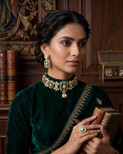 Royal Emerald Green And Elegant Pastel Pink Kundan Choker Set with Matching Drop Earrings