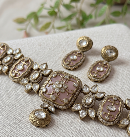 Royal Emerald Green And Elegant Pastel Pink Kundan Choker Set with Matching Drop Earrings