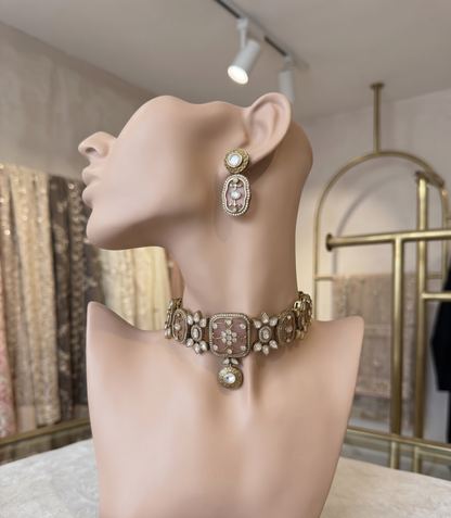 Royal Emerald Green And Elegant Pastel Pink Kundan Choker Set with Matching Drop Earrings