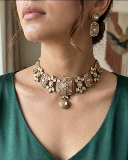 Royal Emerald Green And Elegant Pastel Pink Kundan Choker Set with Matching Drop Earrings