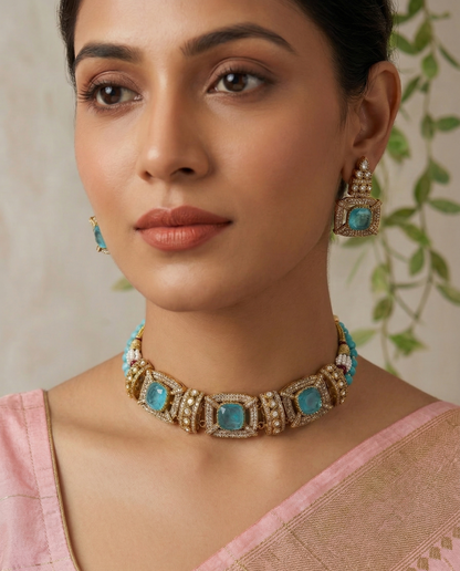 Royal Moissanite Polki Choker Set with Pastel Monalisa Stones