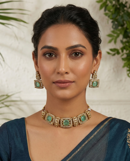 Royal Moissanite Polki Choker Set with Pastel Monalisa Stones