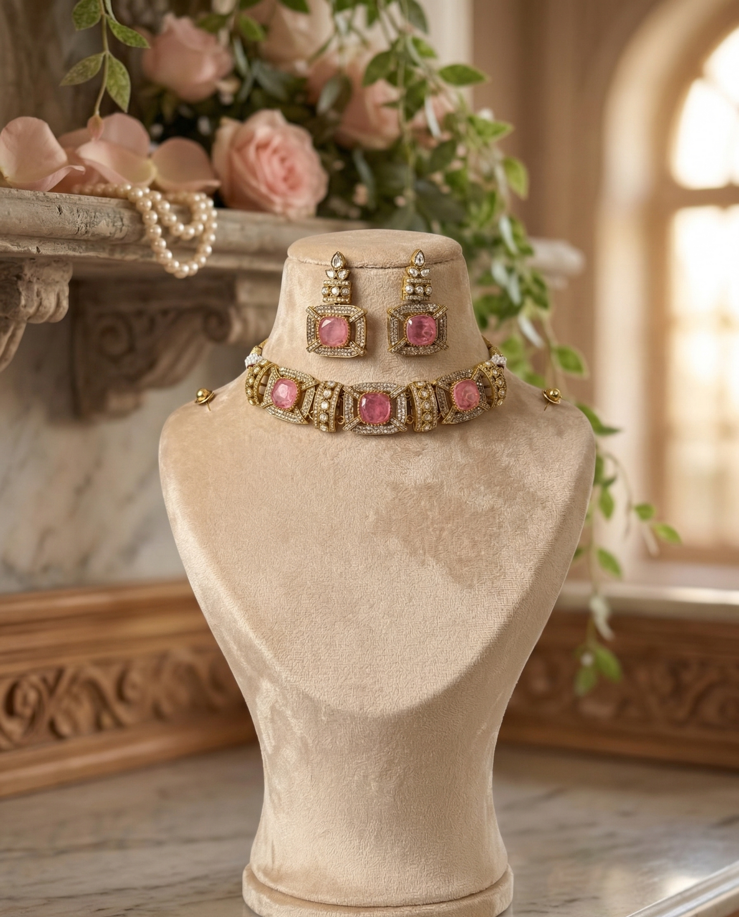 Royal Moissanite Polki Choker Set with Pastel Monalisa Stones