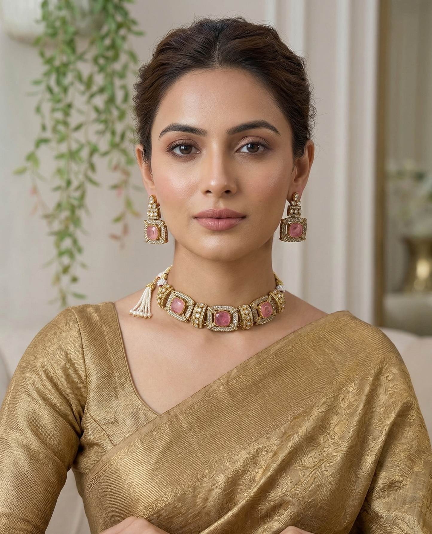 Royal Moissanite Polki Choker Set with Pastel Monalisa Stones