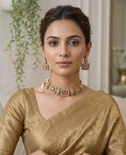 Royal Moissanite Polki Choker Set with Pastel Monalisa Stones