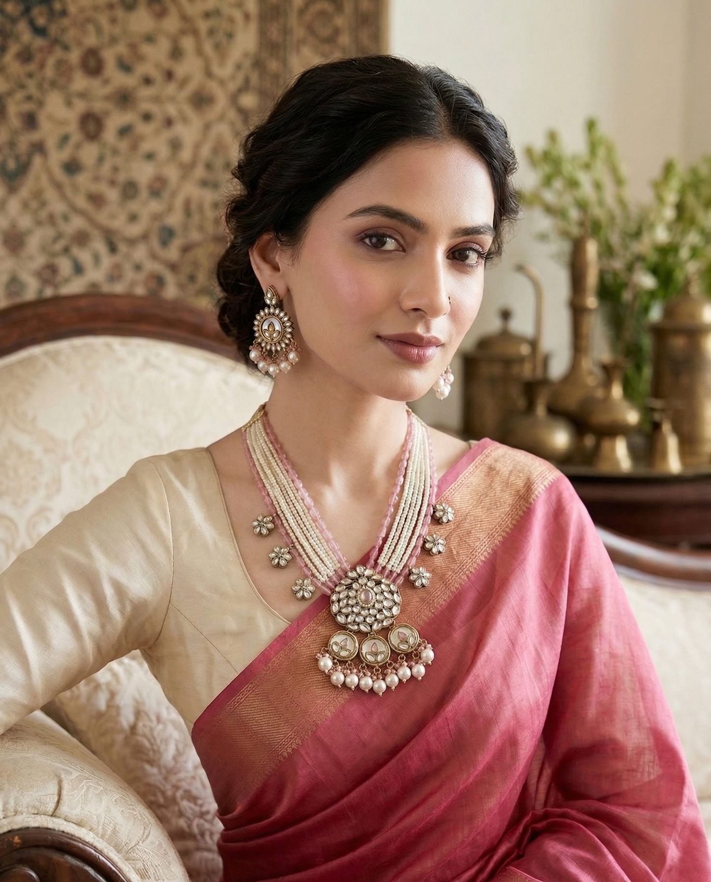 Elegant Floral Kundan & Bead Multi-Layered Necklace Set with Matching Jhumkas