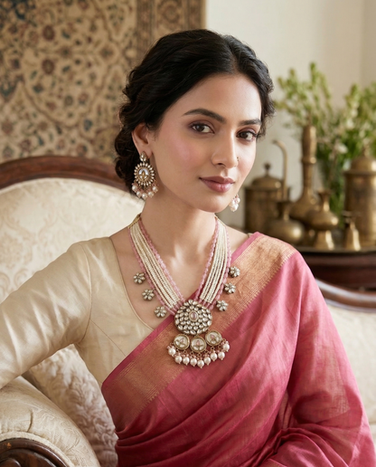 Elegant Floral Kundan & Bead Multi-Layered Necklace Set with Matching Jhumkas