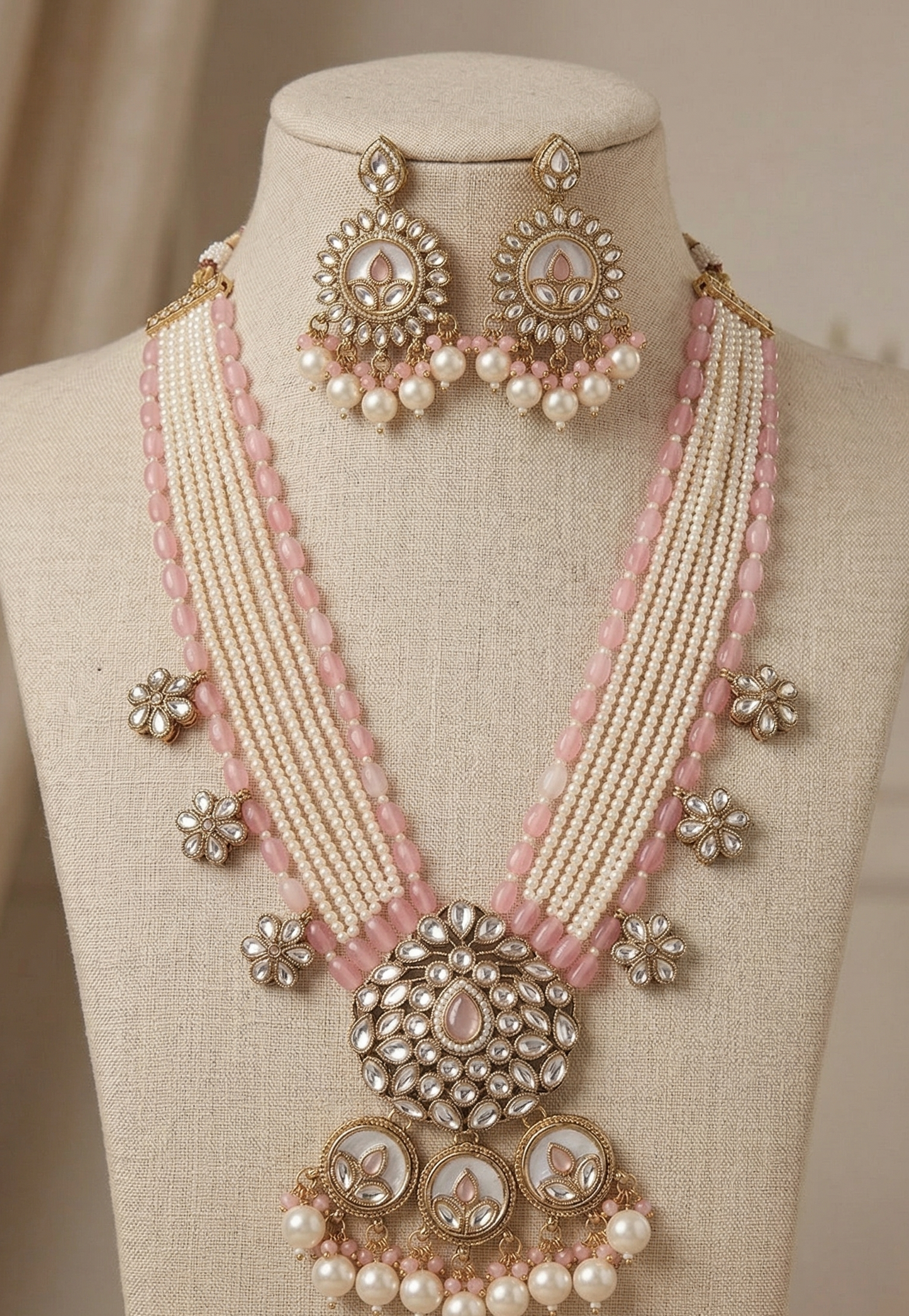Elegant Floral Kundan & Bead Multi-Layered Necklace Set with Matching Jhumkas