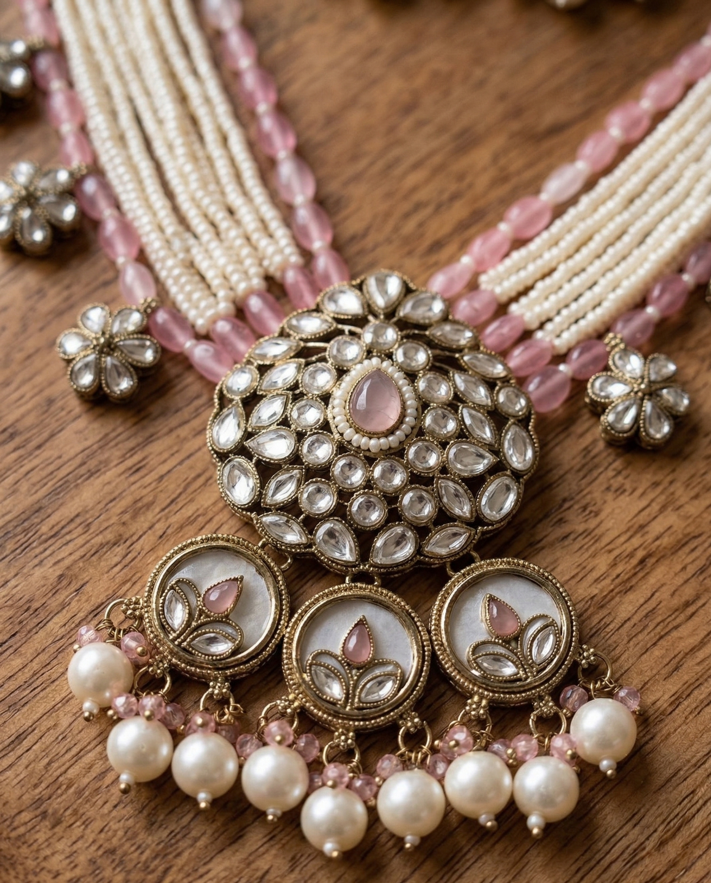 Elegant Floral Kundan & Bead Multi-Layered Necklace Set with Matching Jhumkas