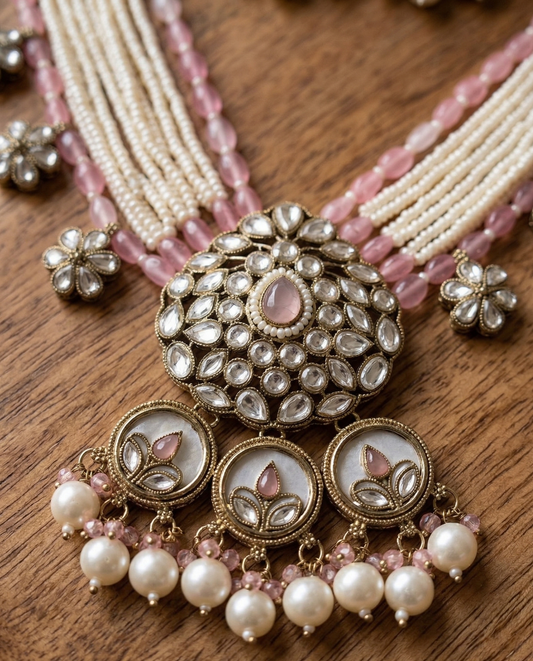 Elegant Floral Kundan & Bead Multi-Layered Necklace Set with Matching Jhumkas