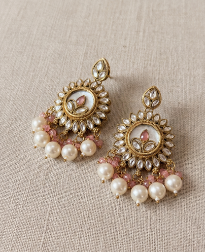 Elegant Floral Kundan & Bead Multi-Layered Necklace Set with Matching Jhumkas