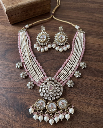 Elegant Floral Kundan & Bead Multi-Layered Necklace Set with Matching Jhumkas