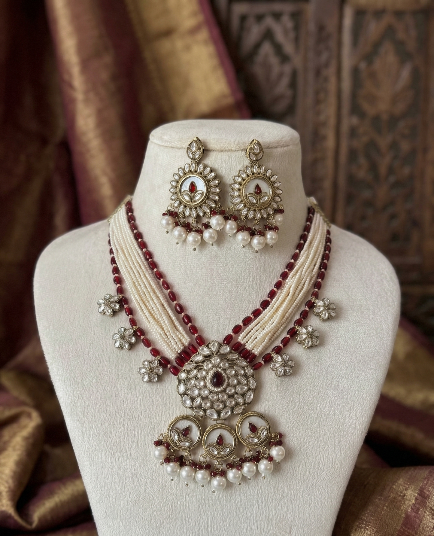 Elegant Floral Kundan & Bead Multi-Layered Necklace Set with Matching Jhumkas