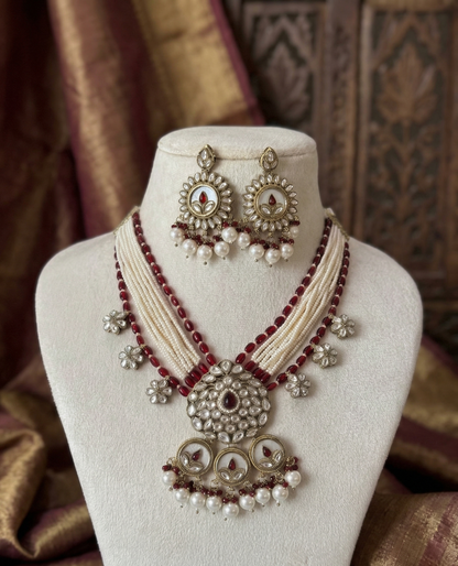 Elegant Floral Kundan & Bead Multi-Layered Necklace Set with Matching Jhumkas