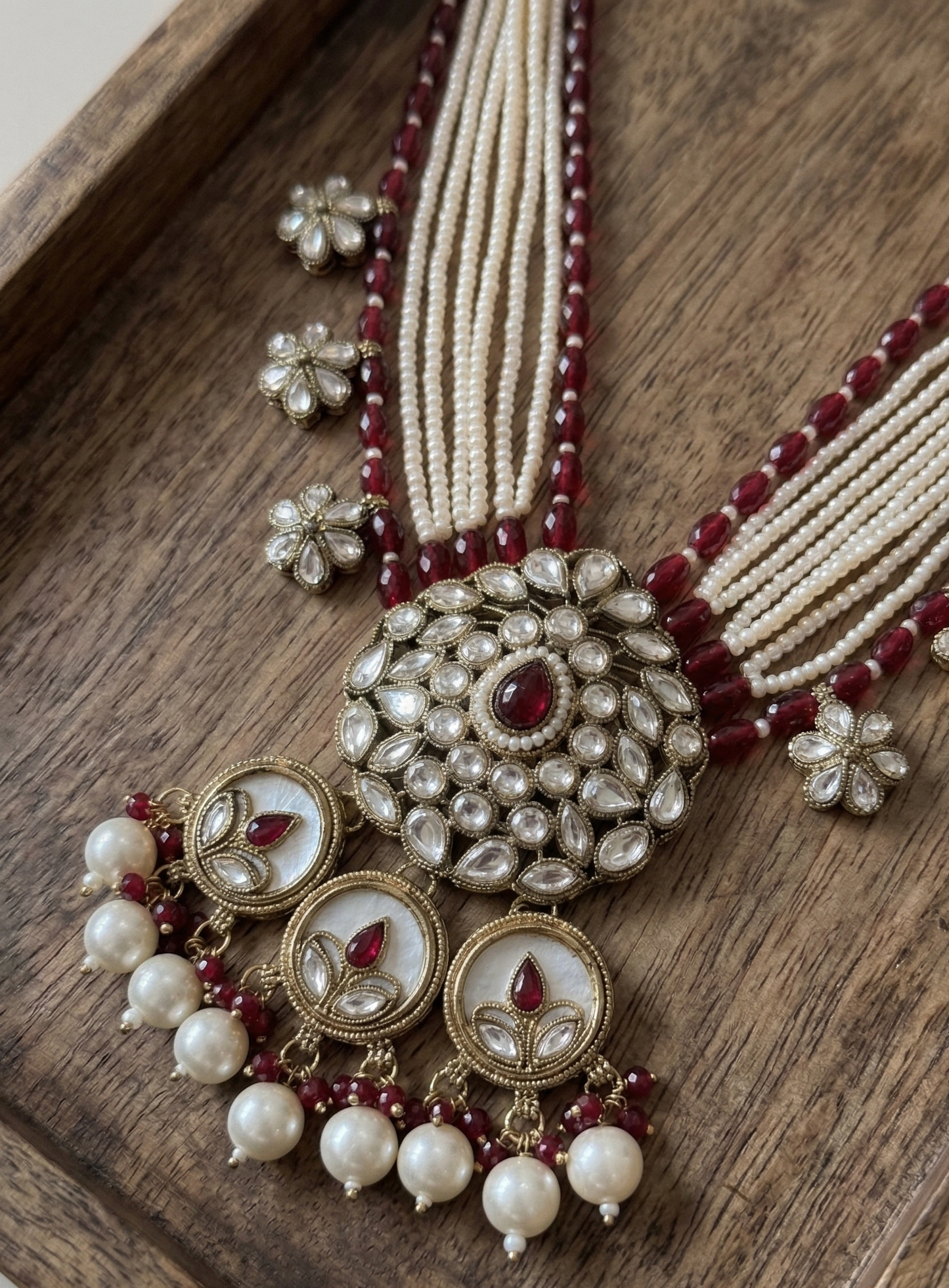 Elegant Floral Kundan & Bead Multi-Layered Necklace Set with Matching Jhumkas