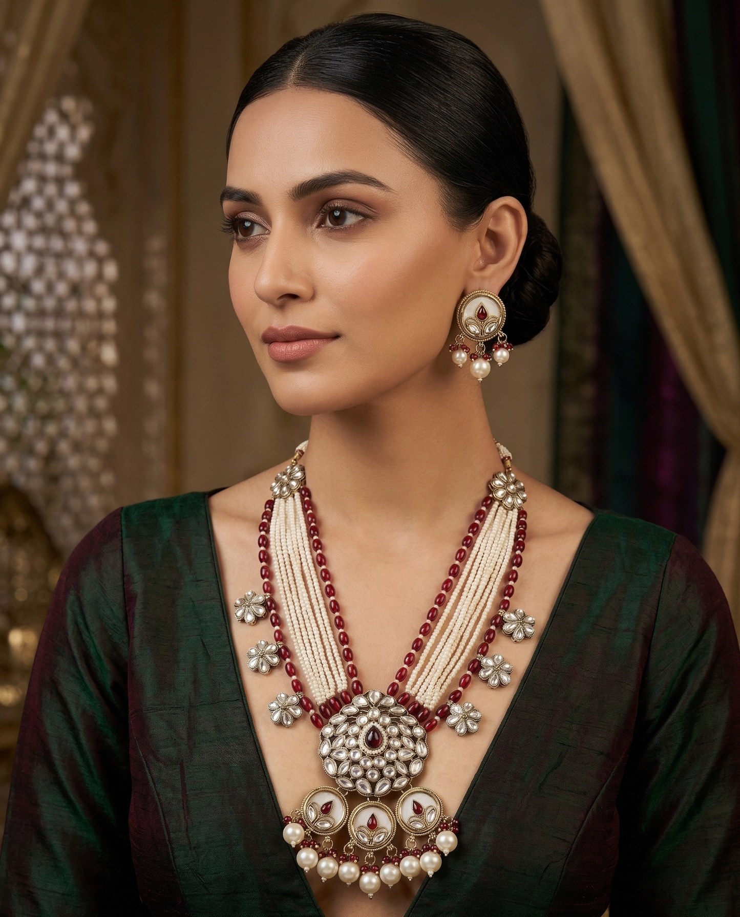 Elegant Floral Kundan & Bead Multi-Layered Necklace Set with Matching Jhumkas