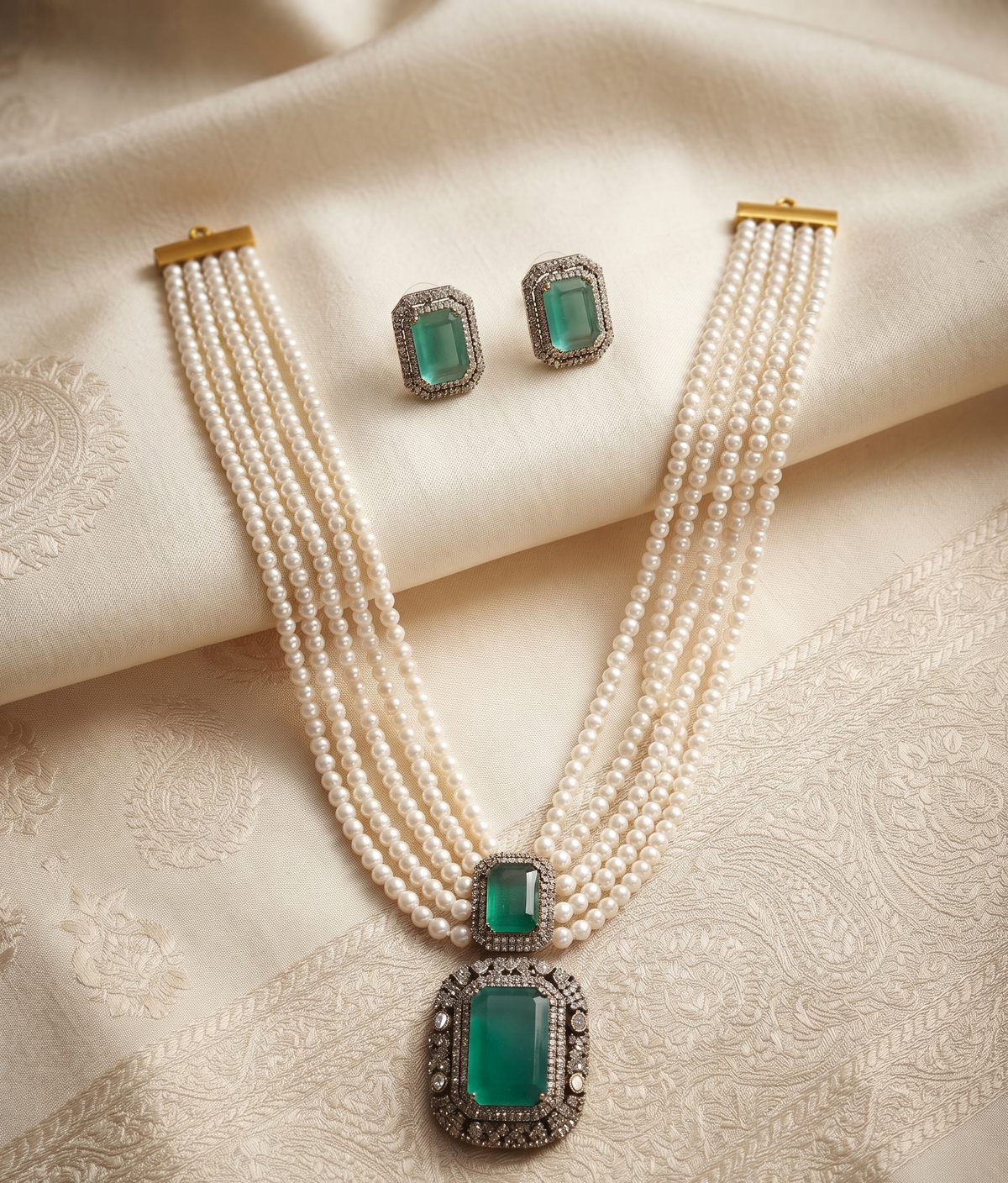 Royal Multi-Strand Pearl Long Necklace Set with Gemstone Pendant and Matching Earrings