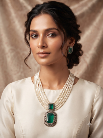 Royal Multi-Strand Pearl Long Necklace Set with Gemstone Pendant and Matching Earrings
