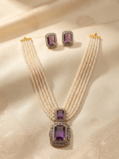 Royal Multi-Strand Pearl Long Necklace Set with Gemstone Pendant and Matching Earrings