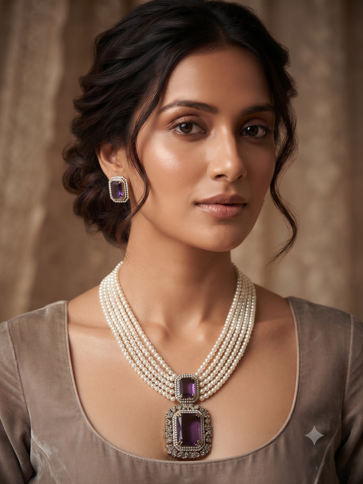 Royal Multi-Strand Pearl Long Necklace Set with Gemstone Pendant and Matching Earrings