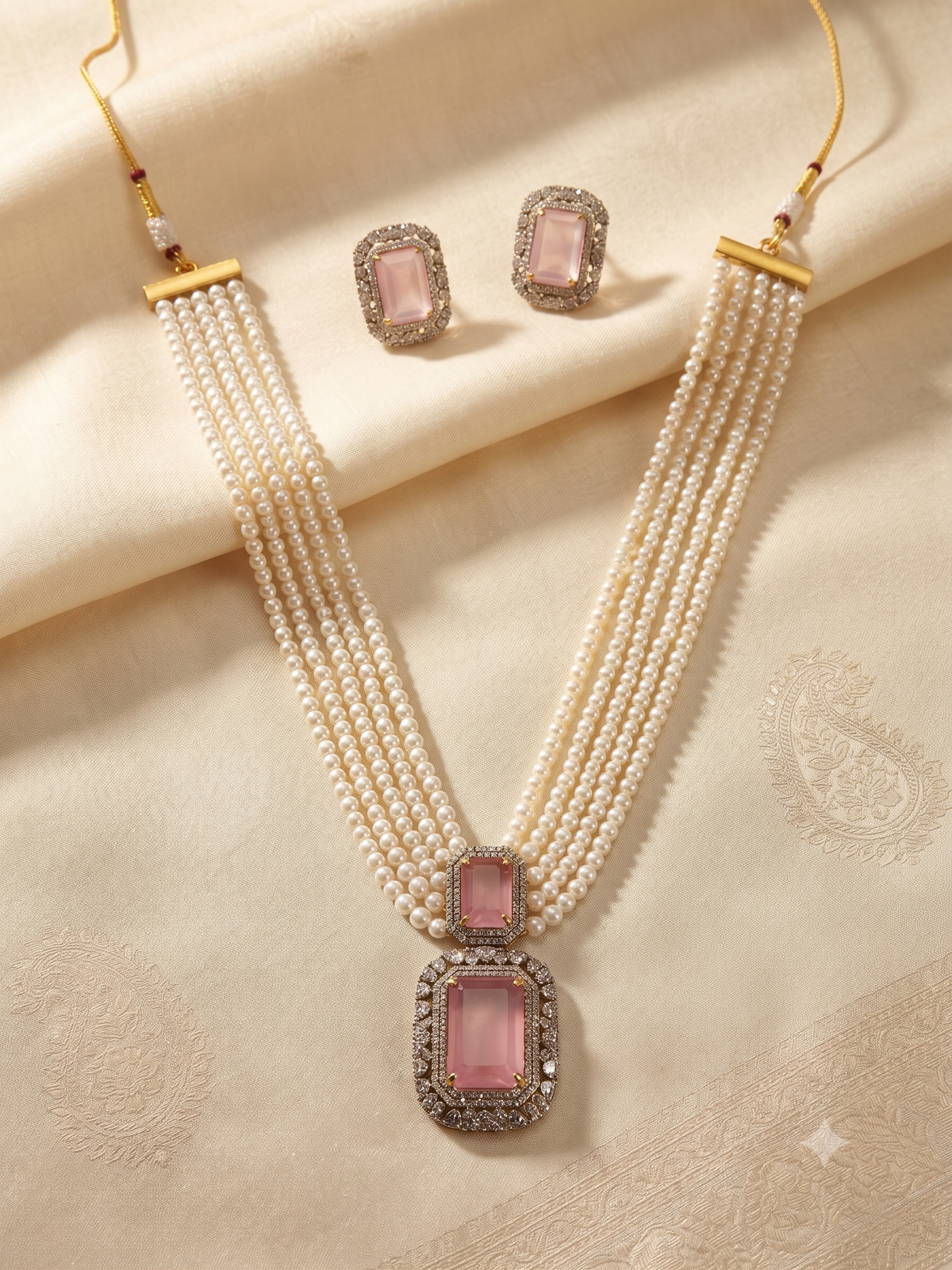 Royal Multi-Strand Pearl Long Necklace Set with Gemstone Pendant and Matching Earrings