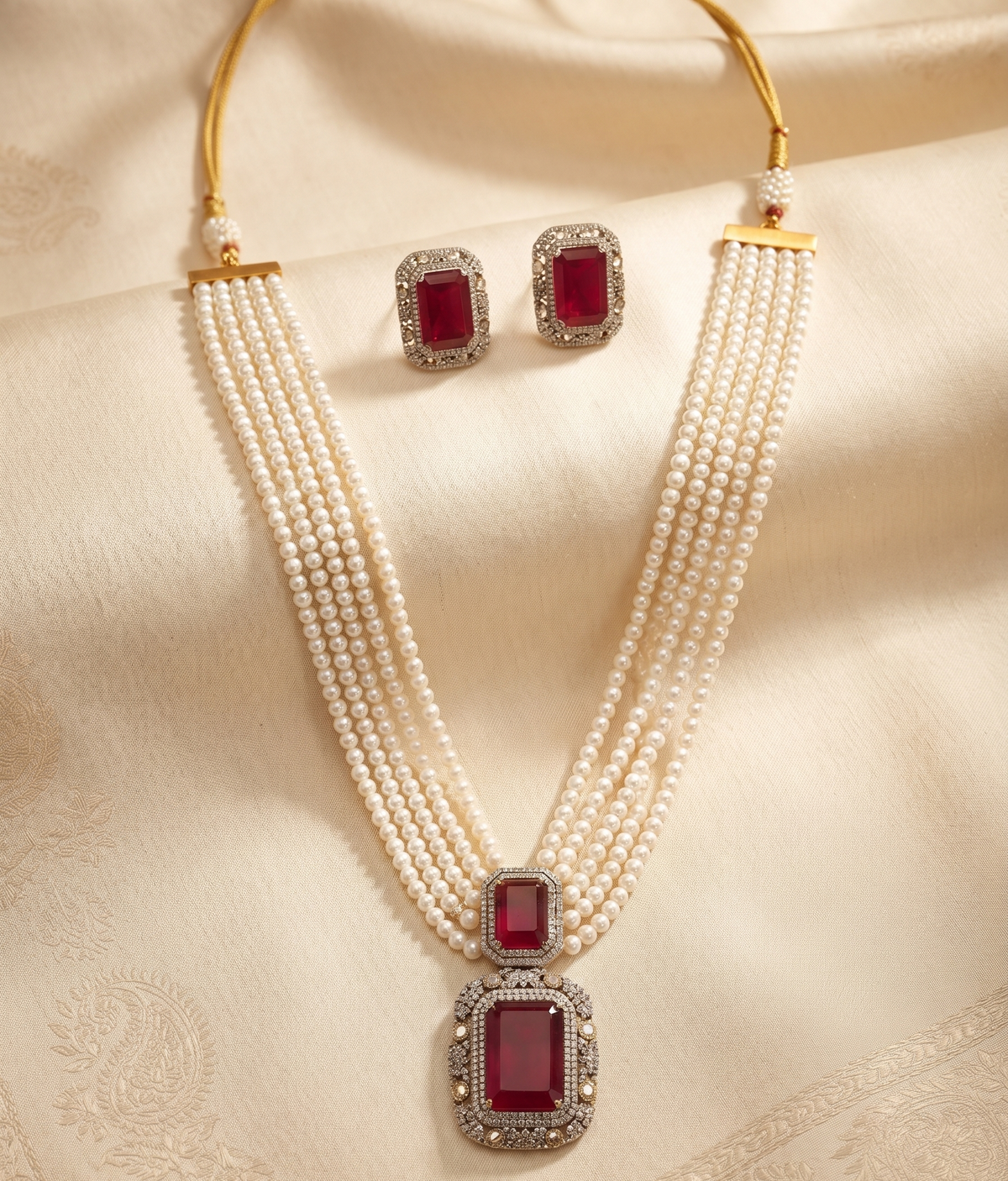 Royal Multi-Strand Pearl Long Necklace Set with Gemstone Pendant and Matching Earrings