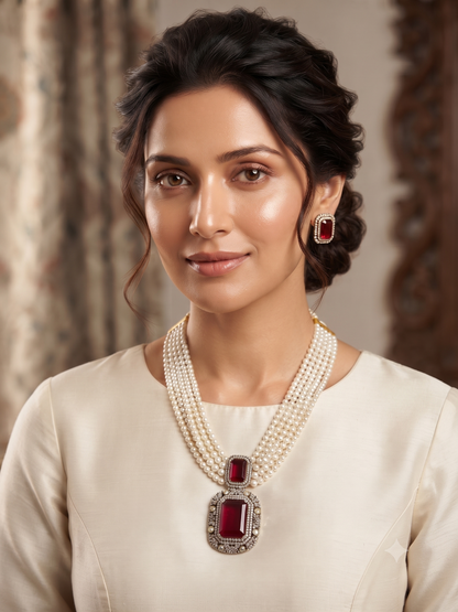 Royal Multi-Strand Pearl Long Necklace Set with Gemstone Pendant and Matching Earrings