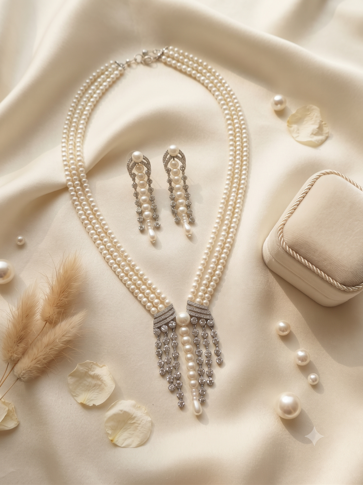 Elegance Multi-Strand Pearl and Zircon Statement Necklace Set with Matching Drop Earring