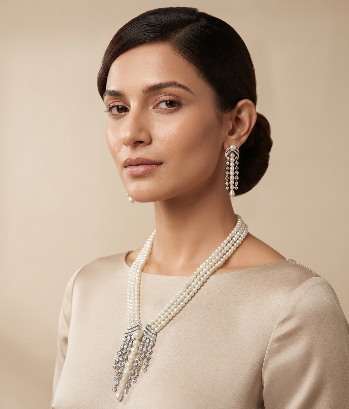 Elegance Multi-Strand Pearl and Zircon Statement Necklace Set with Matching Drop Earring