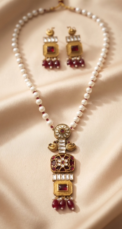 Royal Antique Gold-Plated Peacock Pendant Necklace Set with Ruby Red Stones and Pearl Beads
