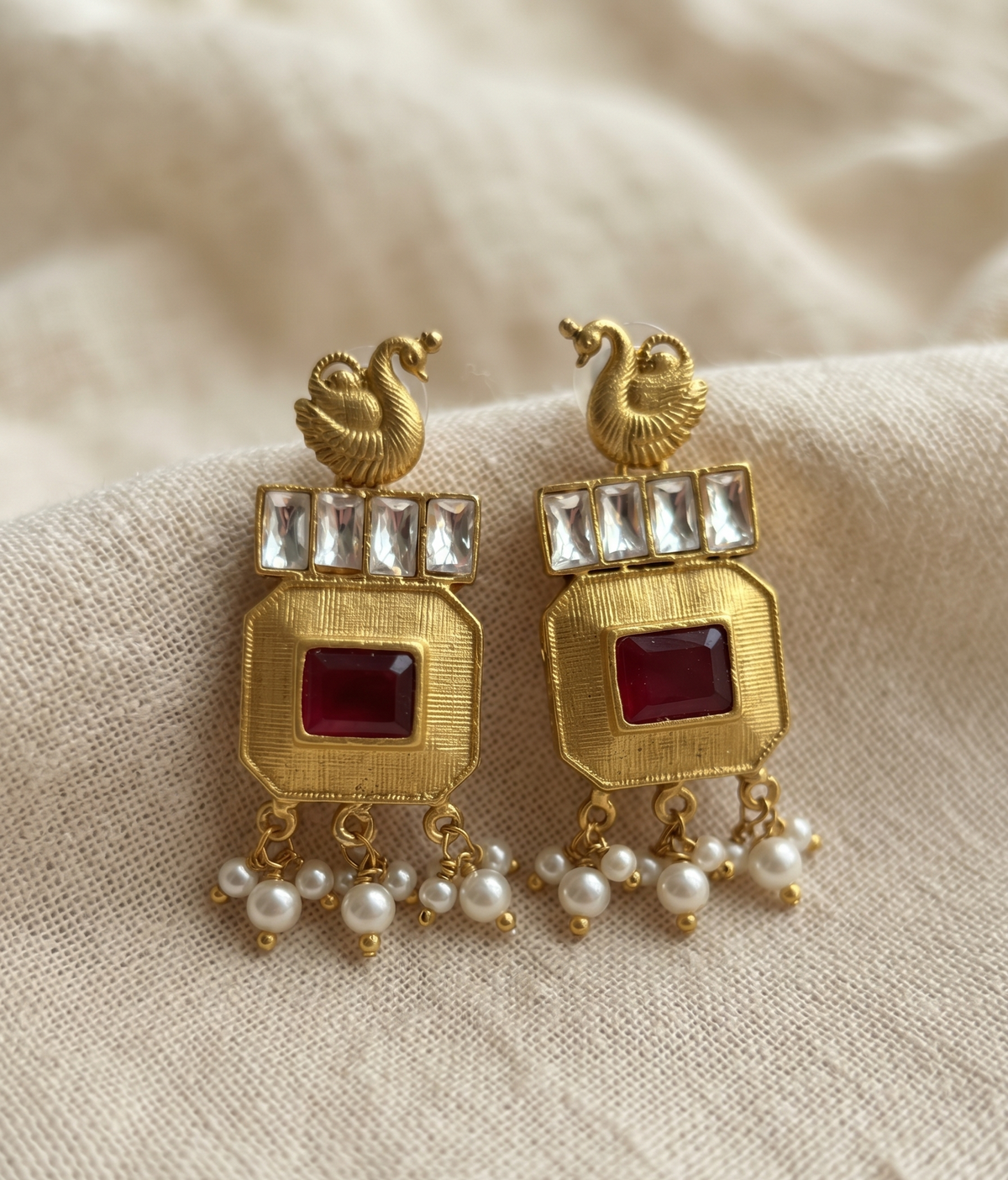 Royal Antique Gold-Plated Peacock Pendant Necklace Set with Ruby Red Stones and Pearl Beads