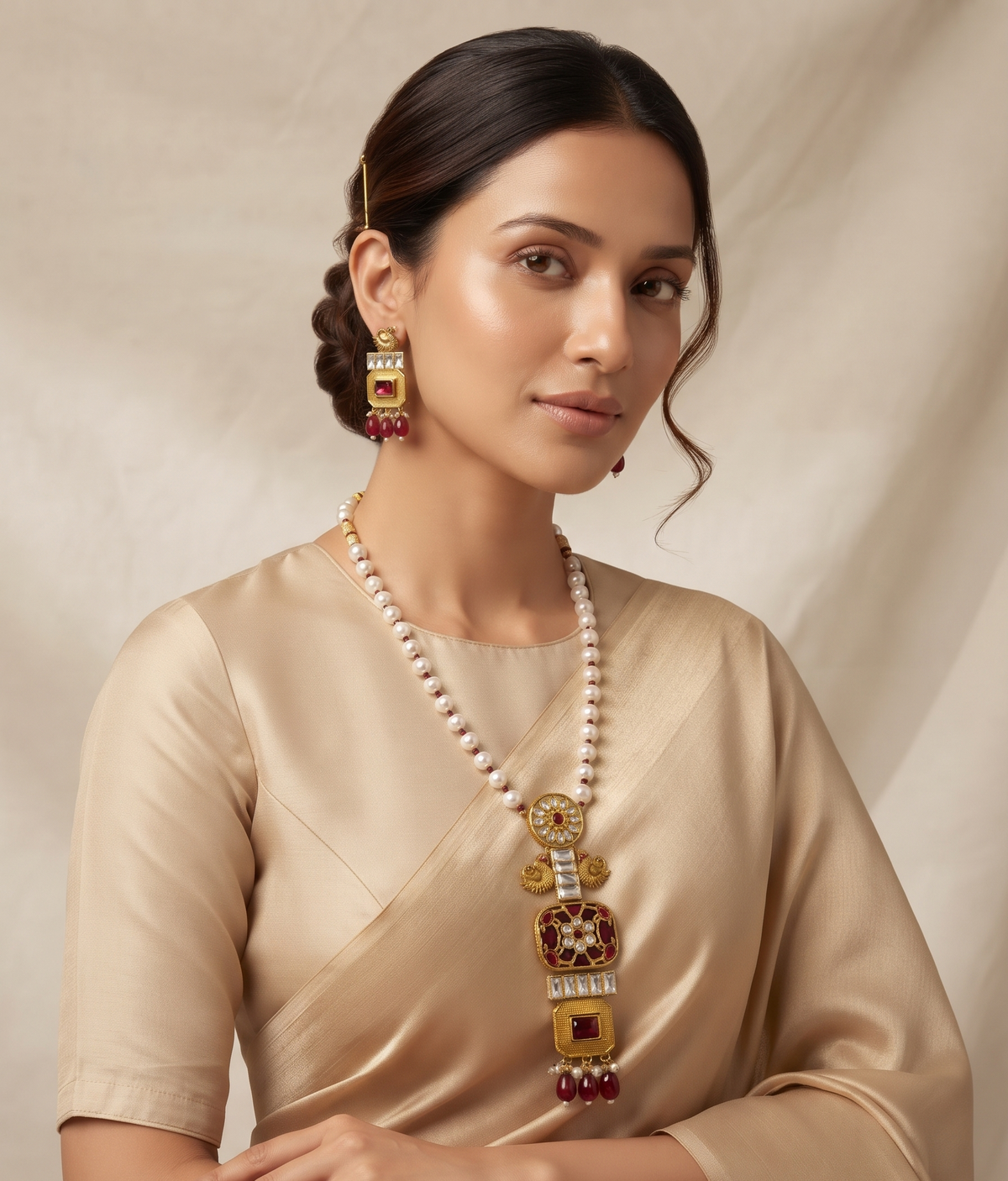 Royal Antique Gold-Plated Peacock Pendant Necklace Set with Ruby Red Stones and Pearl Beads