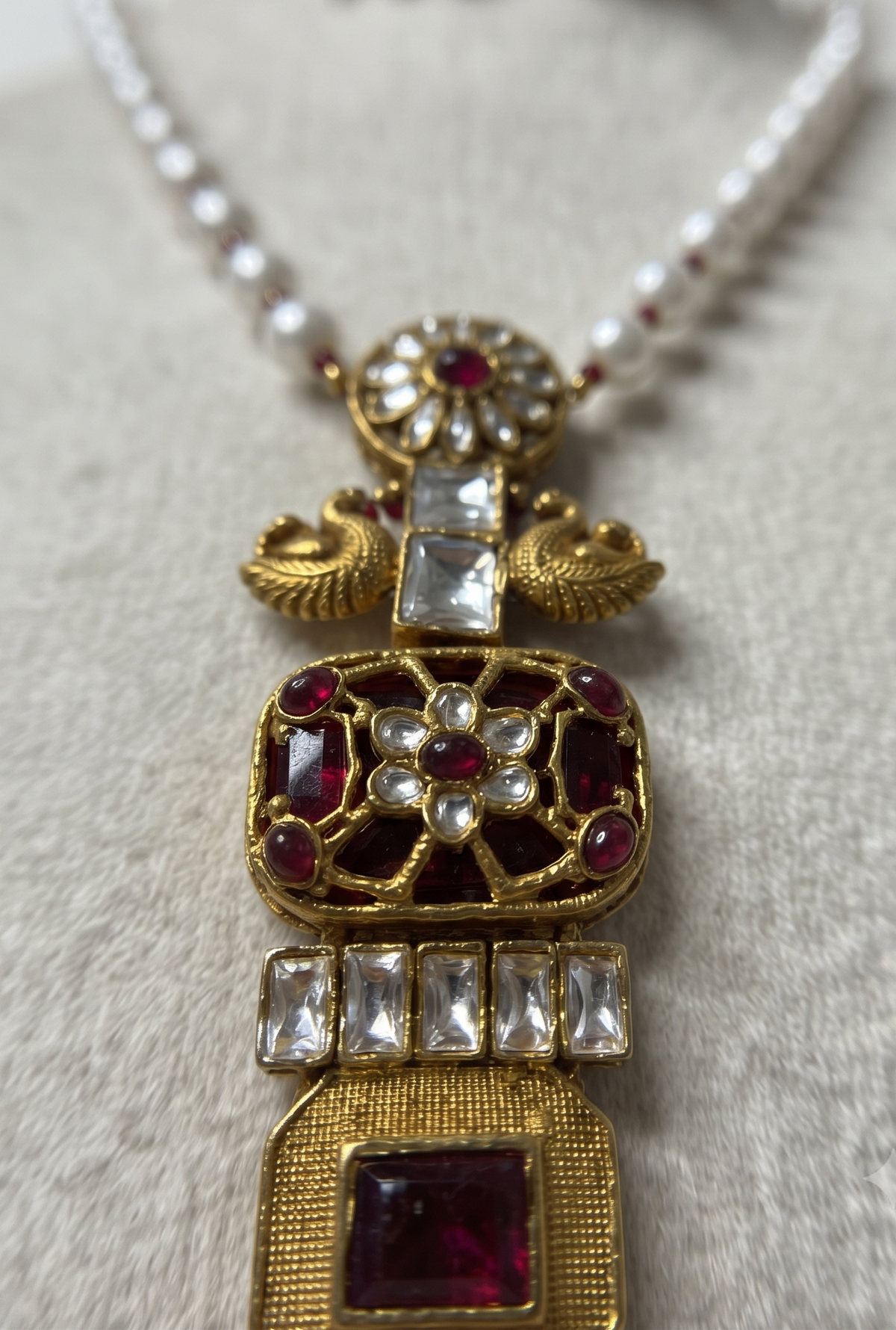 Royal Antique Gold-Plated Peacock Pendant Necklace Set with Ruby Red Stones and Pearl Beads
