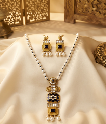 Royal Antique Gold-Plated Peacock Pendant Necklace Set with Ruby Red Stones and Pearl Beads