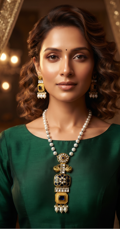 Royal Antique Gold-Plated Peacock Pendant Necklace Set with Ruby Red Stones and Pearl Beads