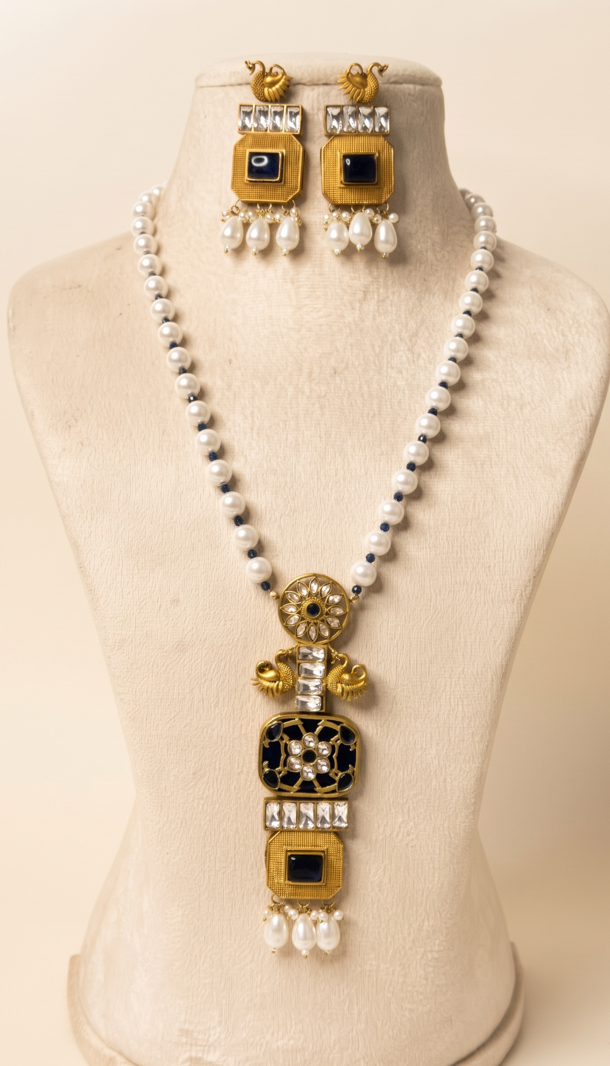 Royal Antique Gold-Plated Peacock Pendant Necklace Set with Ruby Red Stones and Pearl Beads
