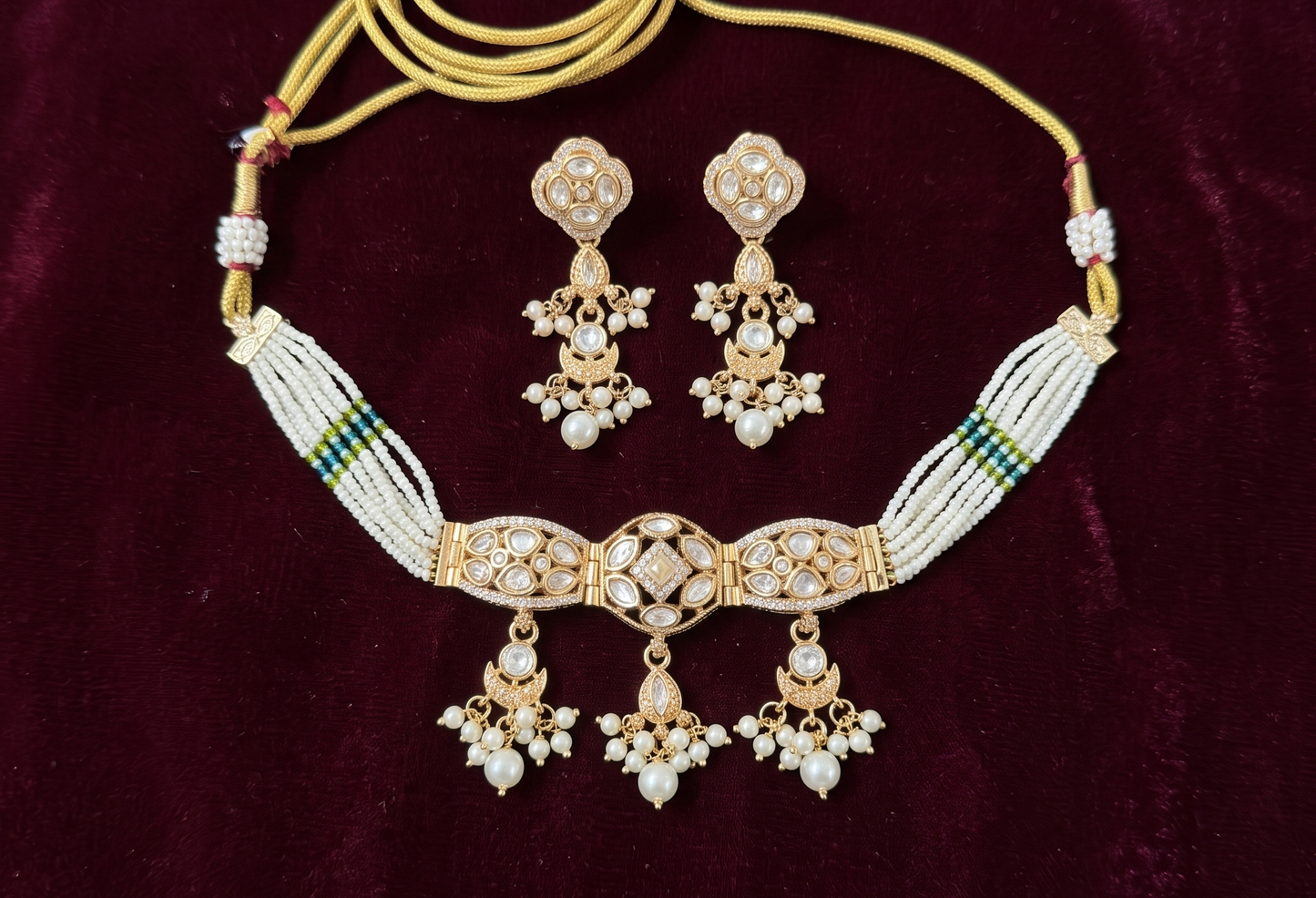 Royal Moissanite Uncut Polki Choker Necklace Set with Pearl Strands & Matching Earrings